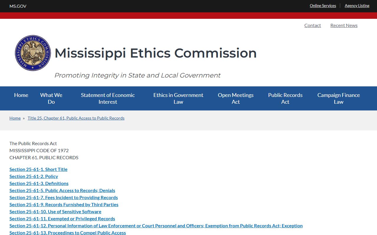 Covington County arrest and charge records under the Mississippi Public Records Act