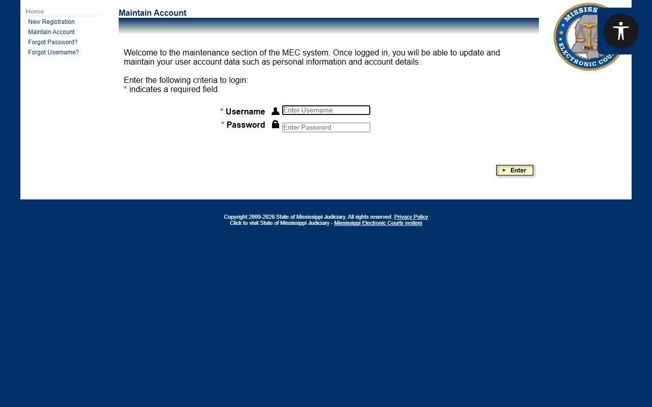 Covington County court dockets login through the PAMEC account-maintenance page