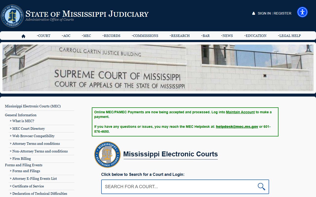 Covington County court records search through the Mississippi Electronic Courts page