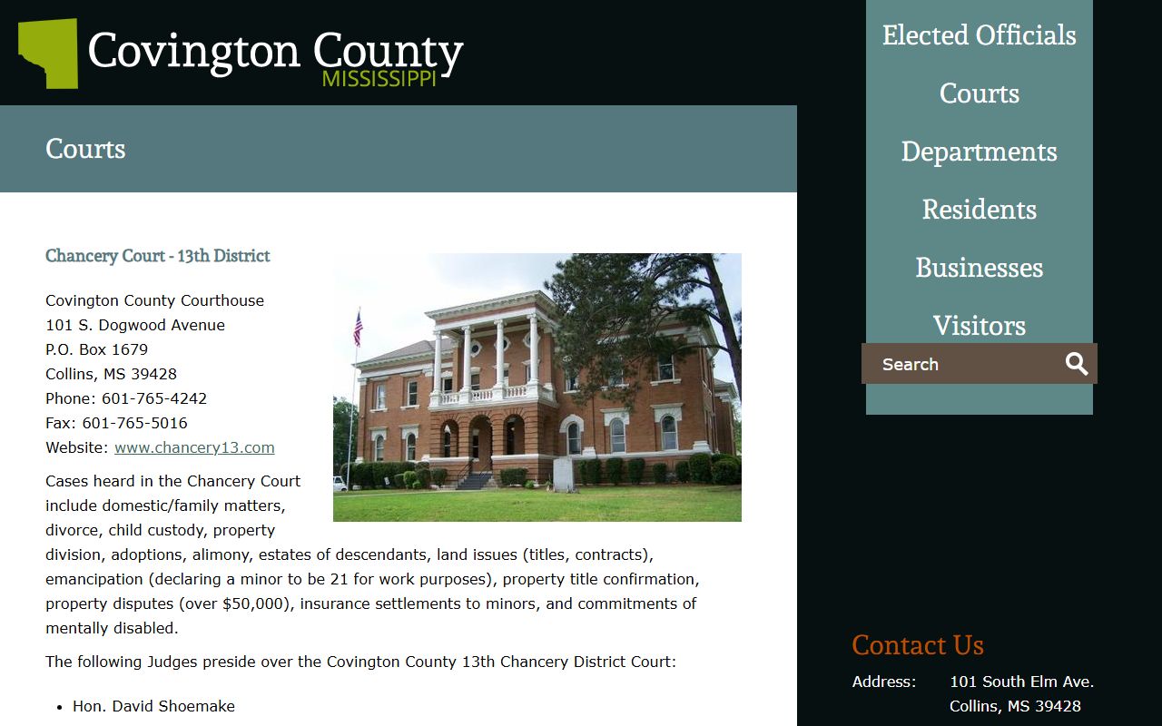 Covington County courts page listing the courts that hold Covington County court records
