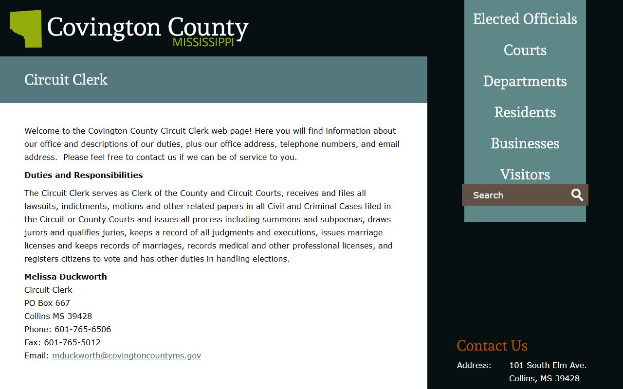 Circuit Clerk contact page for Covington County court records and marriage licenses