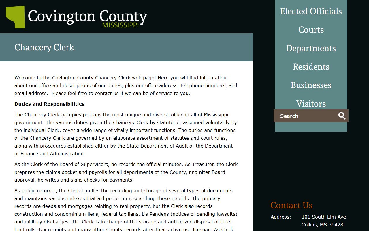 Chancery Clerk contact page for Covington County land records and Chancery Court records