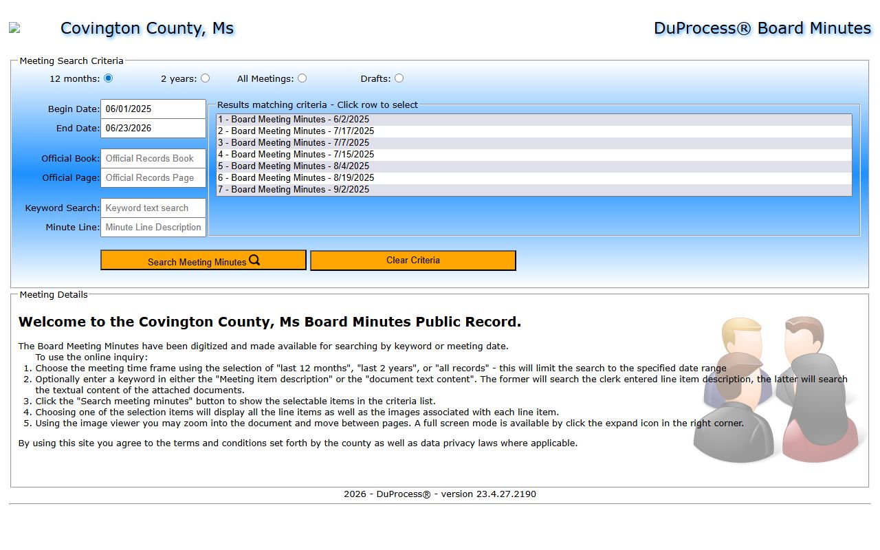 Covington County Board Minutes search portal for public meeting and county records