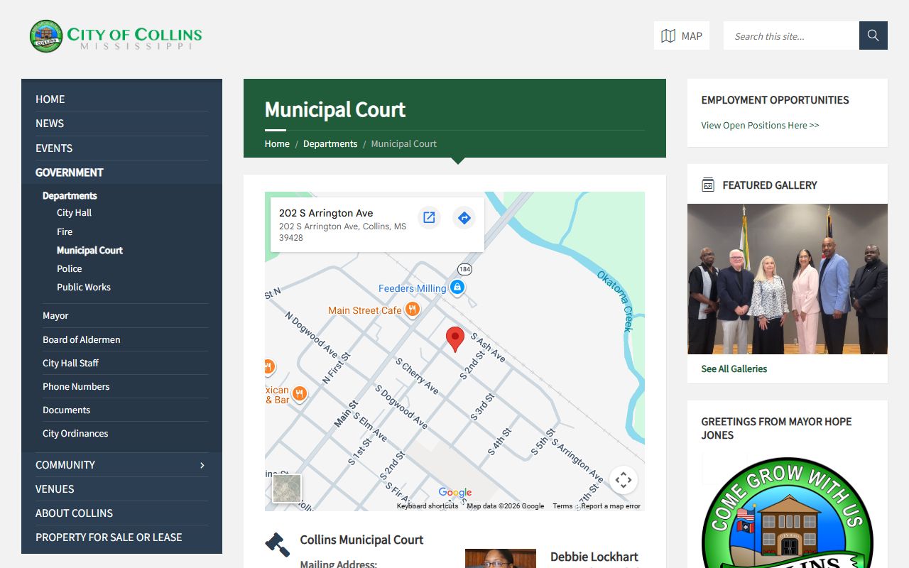 Collins Municipal Court page for city traffic and misdemeanor court records in Covington County