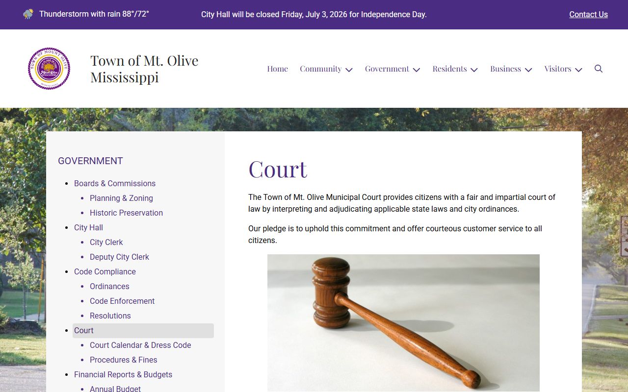 Mount Olive court and city hall page for municipal court records near Covington County