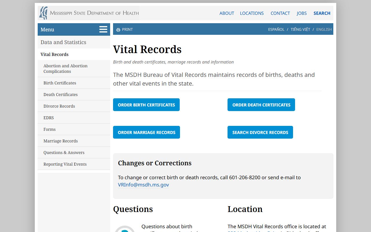 Covington County marriage and divorce records access through the MSDH Vital Records page