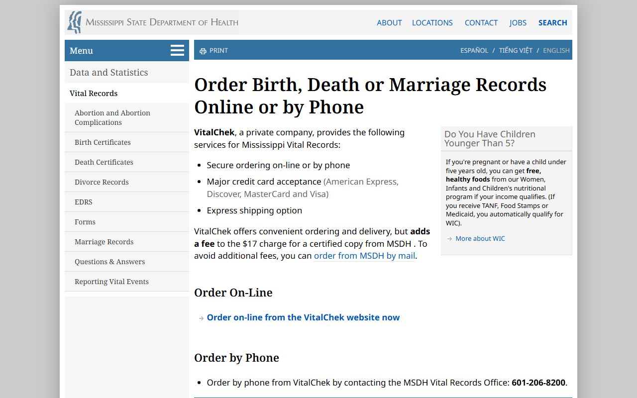 Covington County marriage and divorce records ordering through the MSDH online and phone page