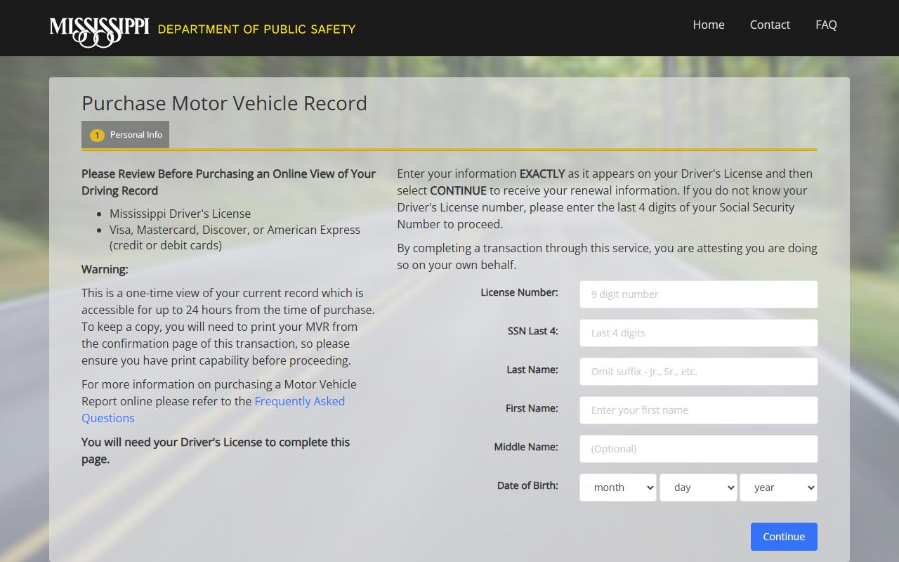Covington County traffic court records and the Mississippi DPS Motor Vehicle Record purchase page